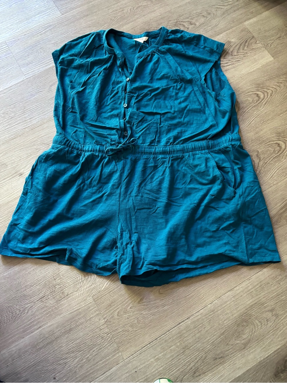 Terra & Sky Teal Button-Front Elastic-Waist Shorts Romper